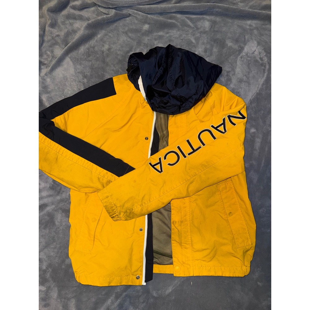 Nautica Mens Yellow Navy Blue Colorblock Hooded Windbreaker Jacket XS Logo
